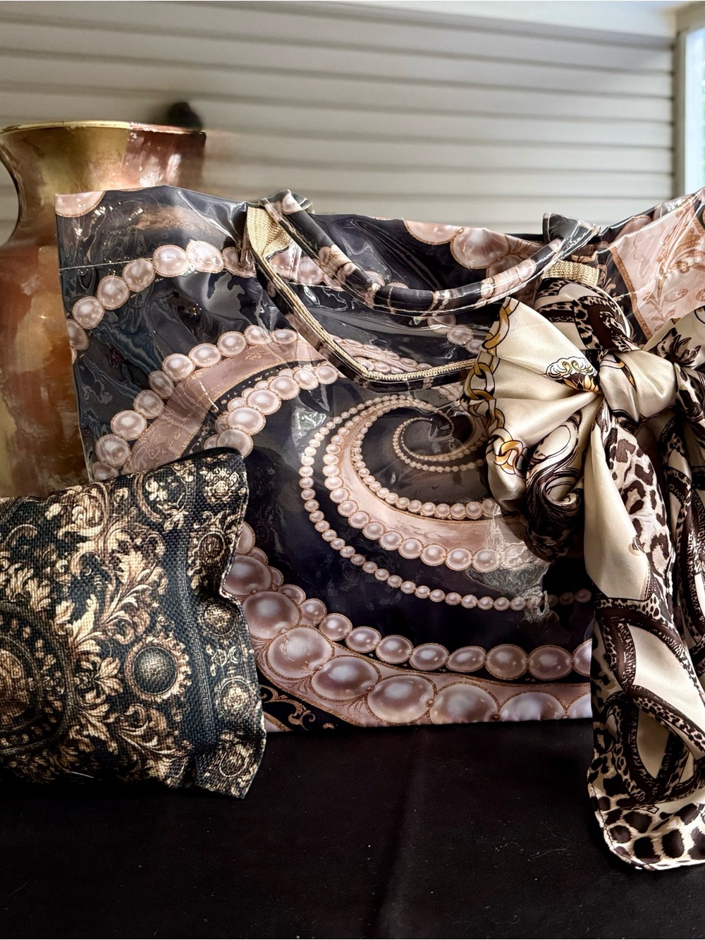 New For Fall - Baroque pearl handbag with elegant silk feel scarf & linen case.